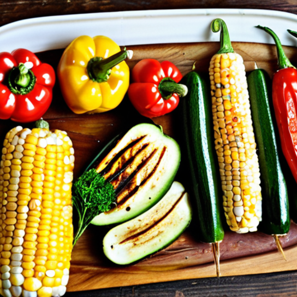 **A vibrant and colorful plate of grilled vegetables, featuring zucchini, bell peppers, and corn on the cob, lightly charred and drizzled with olive oil, herbs sprinkled on top, presented on a rustic wooden platter.**