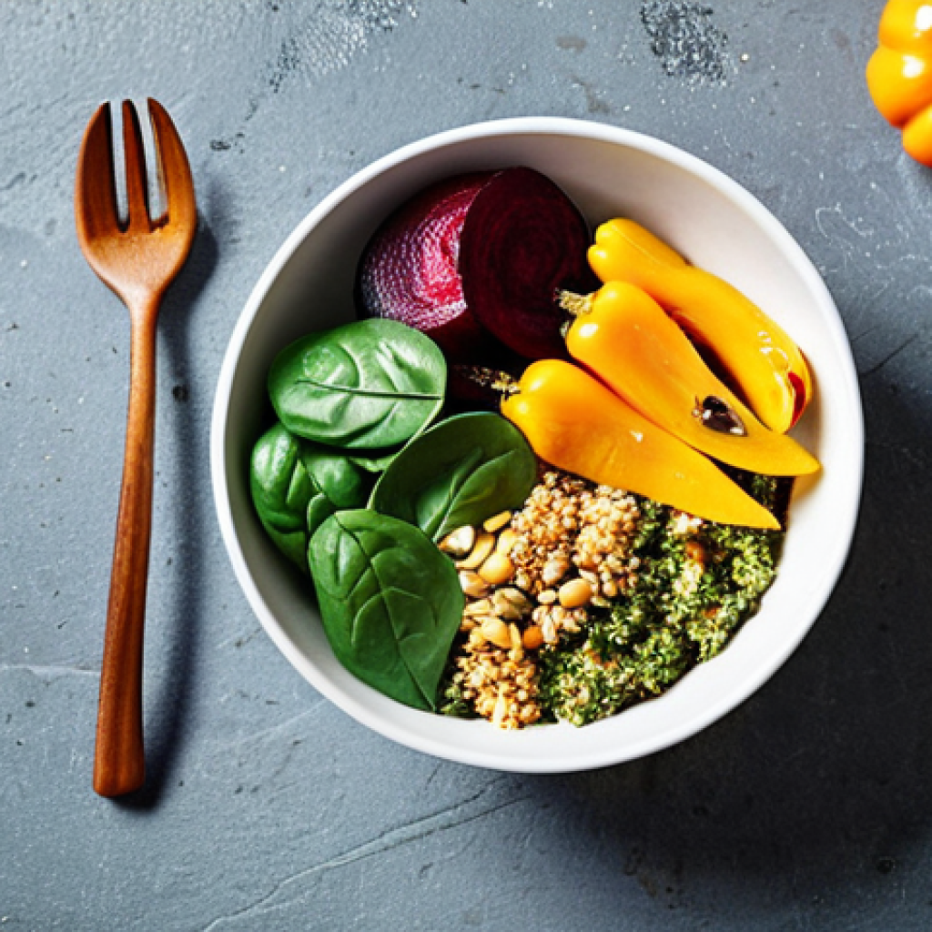 ** A colorful vegetable bowl featuring spinach, roasted red beets, grilled yellow bell peppers, avocado, quinoa, sprinkled with pumpkin seeds and a tahini dressing. Focus on bright, contrasting colors and textures.

**