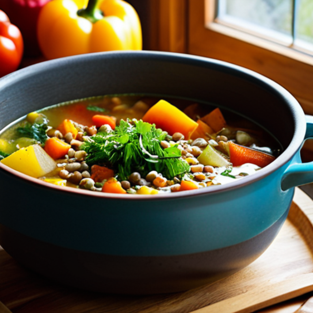 A visually appealing, steaming one-pot vegetable soup, rich with colorful vegetables like carrots, potatoes, leafy greens, and lentils, served in a sturdy, rustic cooking pot. Placed on a clean, light wooden kitchen counter, surrounded by fresh, vibrant, unprepared vegetables (e.g., bell peppers, herbs, onions) and a few clean, stacked bowls, suggesting easy meal prep. Natural, soft daylight streaming in from a nearby window. Professional food photography, high resolution, sharp focus on the soup, inviting atmosphere, warm lighting, healthy, sustainable, safe for work, appropriate content, family-friendly.