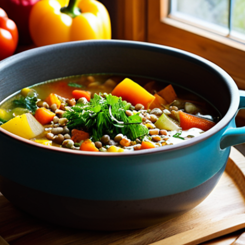 A visually appealing, steaming one-pot vegetable soup, rich with colorful vegetables like carrots, potatoes, leafy greens, and lentils, served in a sturdy, rustic cooking pot. Placed on a clean, light wooden kitchen counter, surrounded by fresh, vibrant, unprepared vegetables (e.g., bell peppers, herbs, onions) and a few clean, stacked bowls, suggesting easy meal prep. Natural, soft daylight streaming in from a nearby window. Professional food photography, high resolution, sharp focus on the soup, inviting atmosphere, warm lighting, healthy, sustainable, safe for work, appropriate content, family-friendly.