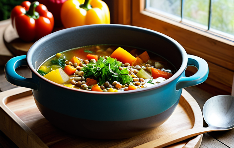 A visually appealing, steaming one-pot vegetable soup, rich with colorful vegetables like carrots, potatoes, leafy greens, and lentils, served in a sturdy, rustic cooking pot. Placed on a clean, light wooden kitchen counter, surrounded by fresh, vibrant, unprepared vegetables (e.g., bell peppers, herbs, onions) and a few clean, stacked bowls, suggesting easy meal prep. Natural, soft daylight streaming in from a nearby window. Professional food photography, high resolution, sharp focus on the soup, inviting atmosphere, warm lighting, healthy, sustainable, safe for work, appropriate content, family-friendly.